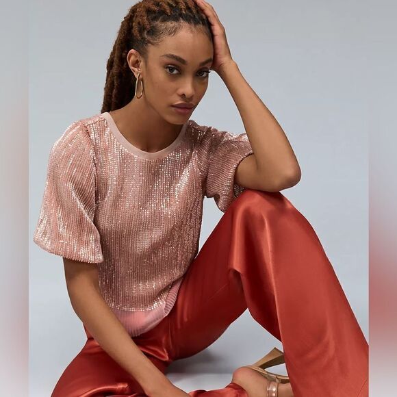 Anthropologie Sarah Hann Sequined Puff Sleeve Top NWT - Picture 3 of 16